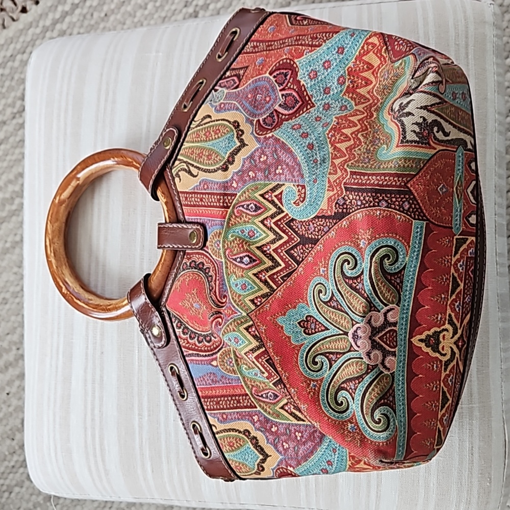 Vintage Fossil Paisley Tapestry Bag with Wooden Handles - Medium sized